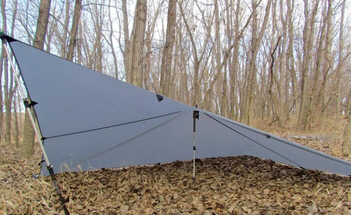 A LiteOutdoors Lightweight Tarp pitched as a "flying V"
